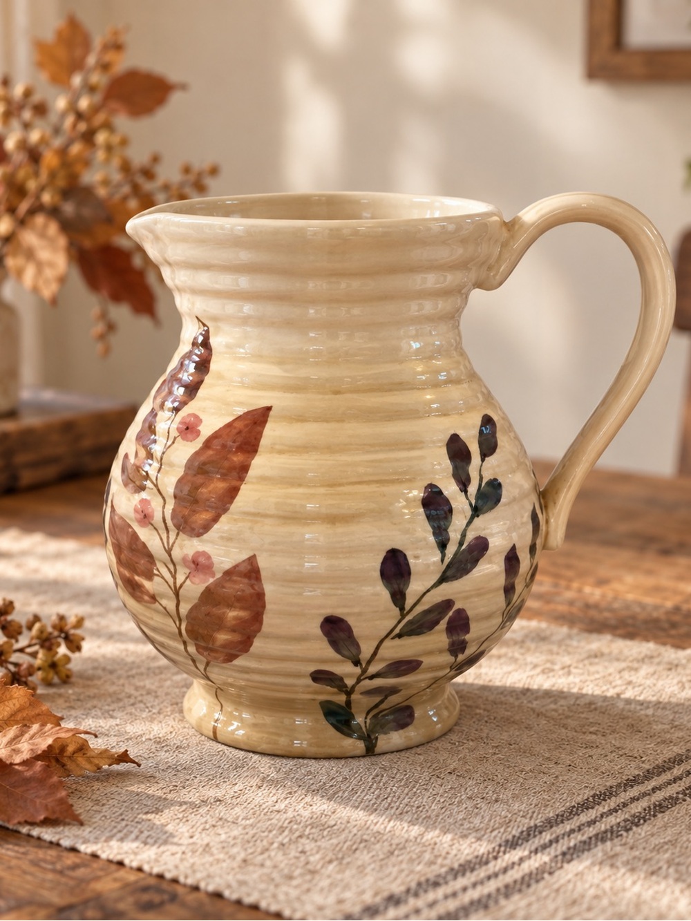 Home Trends Hand-Painted Botanical Ceramic Pitcher Cream Brown Floral